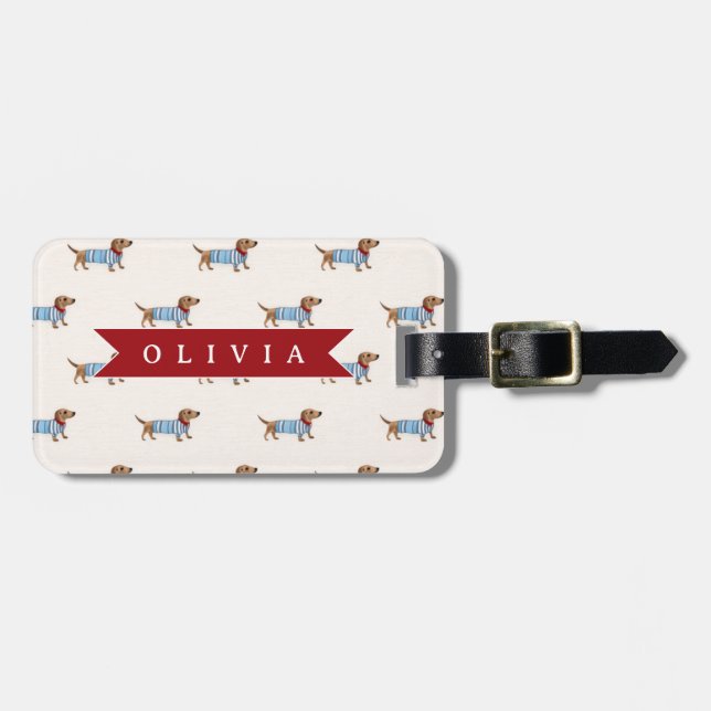 Personalised Preppy Cute Dachshund Dog Pattern Luggage Tag (Front Horizontal)