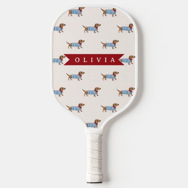 Personalised Preppy Cute Dachshund Dog Pattern Pickleball Paddle (Front)