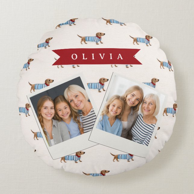 Personalised Preppy Cute Dachshund Dog Pattern Round Cushion (Front)