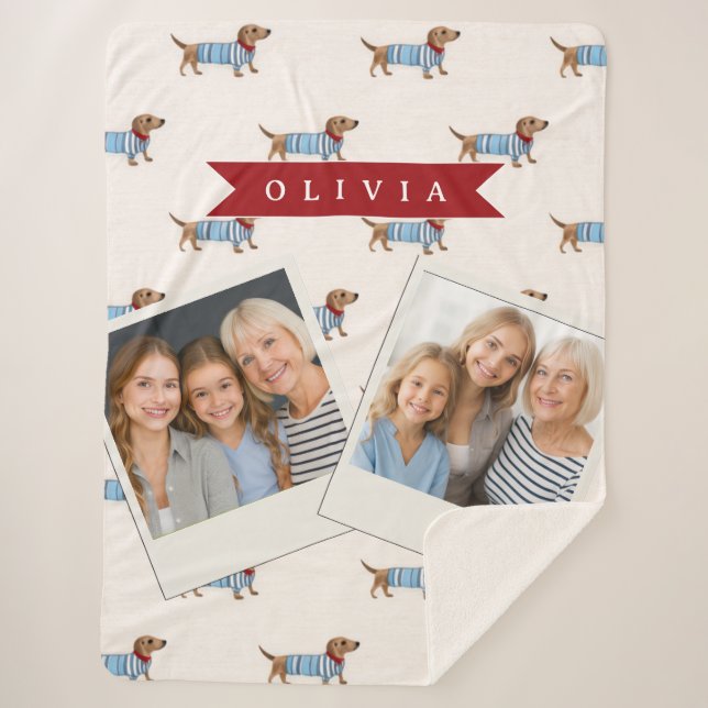 Personalised Preppy Cute Dachshund Dog Pattern Sherpa Blanket (Front)