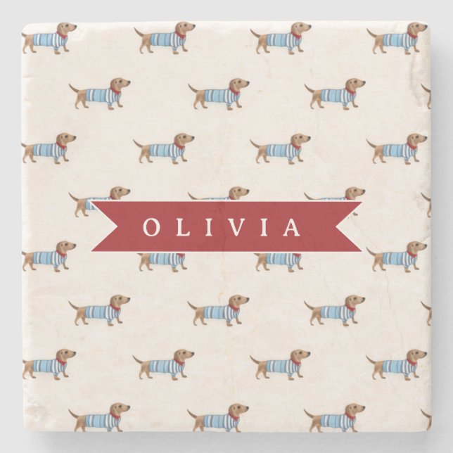 Personalised Preppy Cute Dachshund Dog Pattern Stone Coaster (Front)