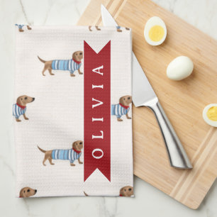 Personalised Preppy Cute Dachshund Dog Pattern Tea Towel