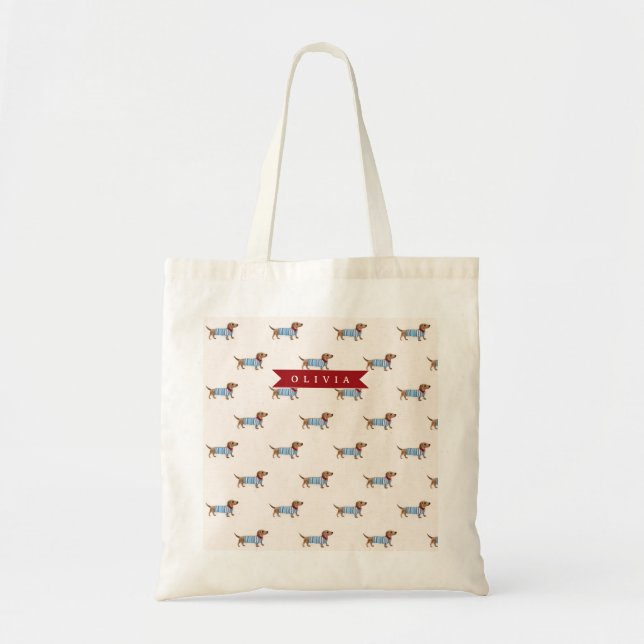 Personalised Preppy Cute Dachshund Dog Pattern Tote Bag (Front)