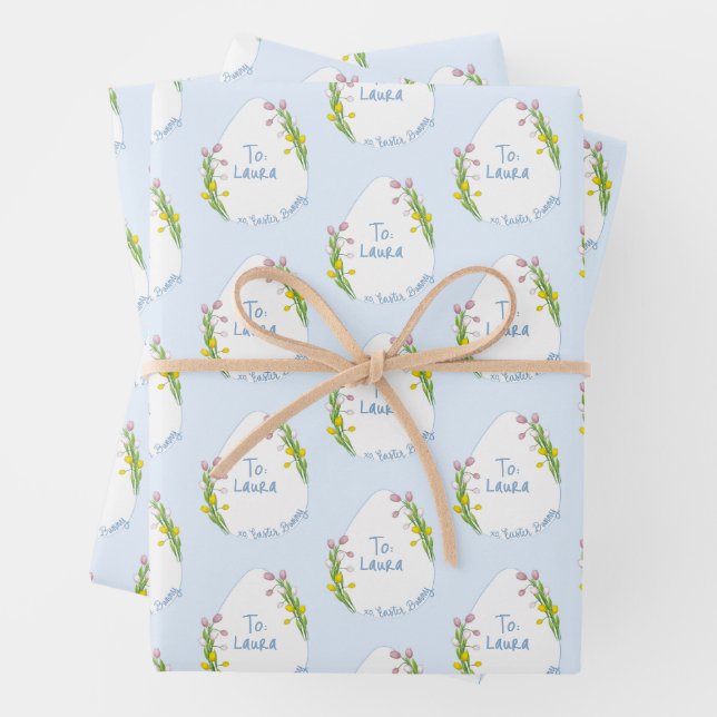 Personalised Preppy Floral Easter Egg Wrapping Paper Sheet (In situ)