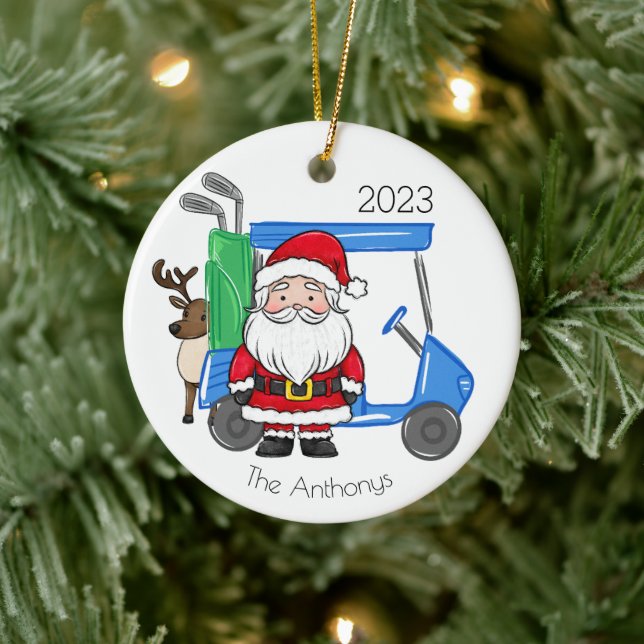 Personalised Preppy Golf Cart Santa Reindeer Ceramic Tree Decoration (Tree)