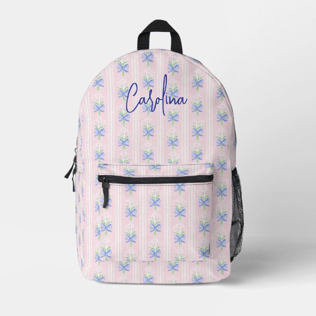Personalised preppy grandmillennial floral bows printed backpack (Front)