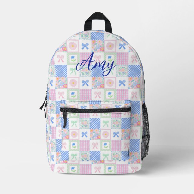 Personalised preppy grandmillennial floral bows printed backpack (Front)