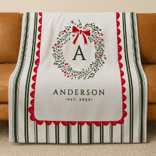 Personalised Preppy Holiday Wreath Monogram & Name Fleece Blanket