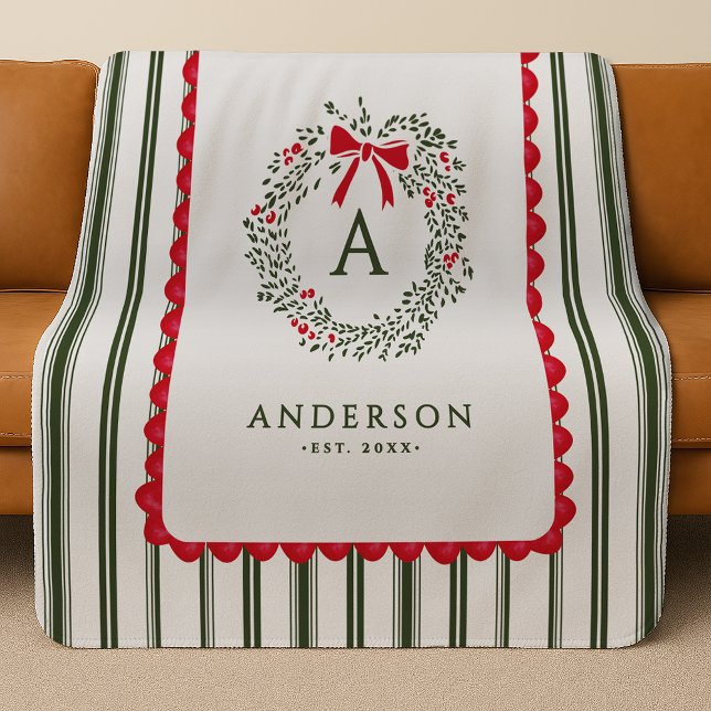 Personalised Preppy Holiday Wreath Monogram & Name Sherpa Blanket (Creator Uploaded)