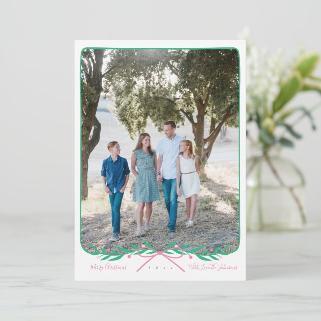 Personalised Preppy Holiday Wreath with Pink Bow Card (Standing Front)