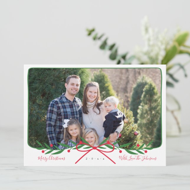 Personalised Preppy Holiday Wreath with Red Bow Card (Standing Front)