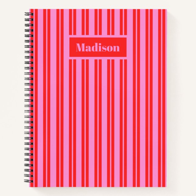 Personalised Preppy Hot Pink and Red Stripes Notebook (Front)