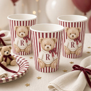 Personalised Preppy Teddy Bear Burgundy Paper Cups