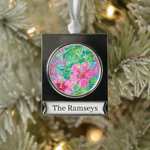 Personalised Preppy Tropical Floral Metal Ornament