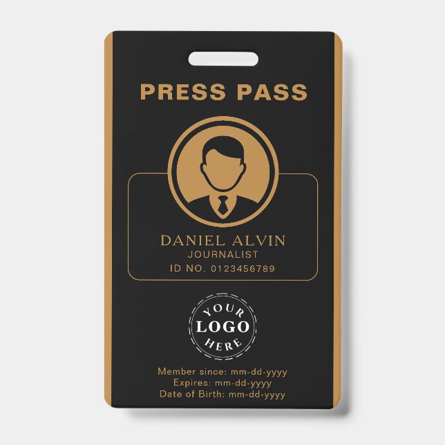Personalised Press Pass with Photo ID & Barcode Badge (Front)
