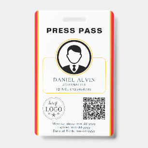 Personalised Press Pass with Photo ID & QR Code Badge