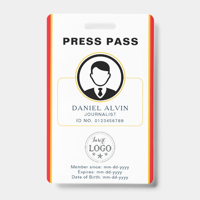 Personalised Press Pass with Photo ID & QR Code Badge (Front)