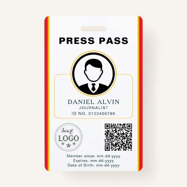 Personalised Press Pass with Photo ID & QR Code ID Badge (Front)
