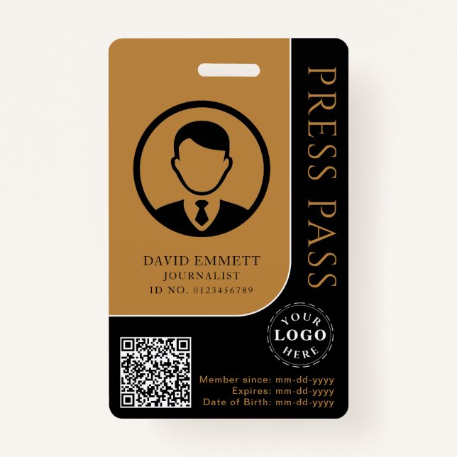 Personalised Press Pass with Photo ID & QR Code ID Badge (Front)