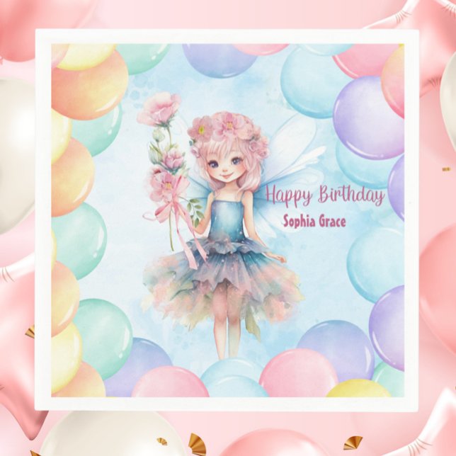 Personalised Pretty Blue Fairy Birthday Napkins  (Personalized Blue Fairy Birthday Napkins – Custom Name Party Decor with Balloons)