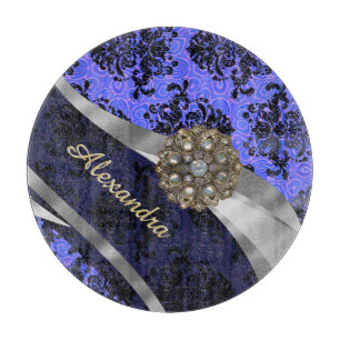 Personalised pretty blue girly damask pattern cutting board