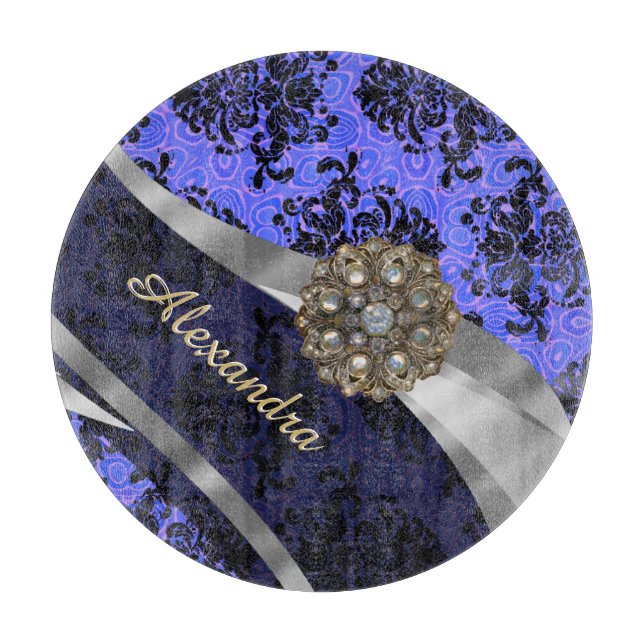 Personalised pretty blue girly damask pattern cutting board (Front)