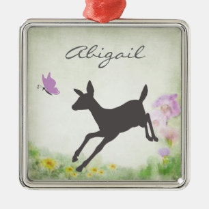 Personalised Pretty Doe and Butterfly Deer Holiday Metal Tree Decoration