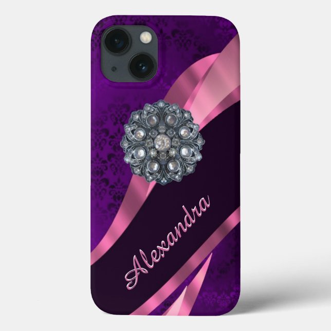Personalised pretty elegant purple damask pattern Case-Mate iPhone case (Back)