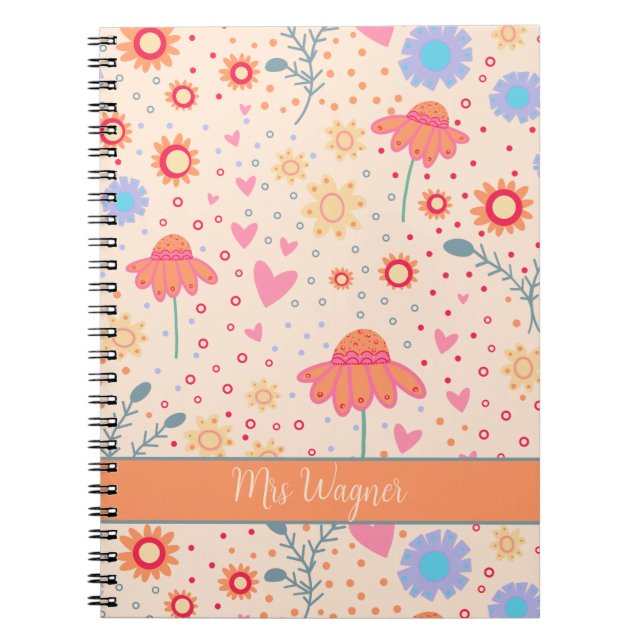 Personalised Pretty Floral Hearts Teacher Notebook (Front)