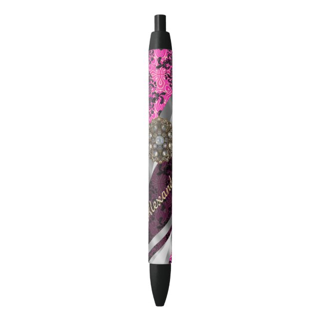 Personalised  pretty girly fuchsia damask pattern black ink pen (Front Vertical)