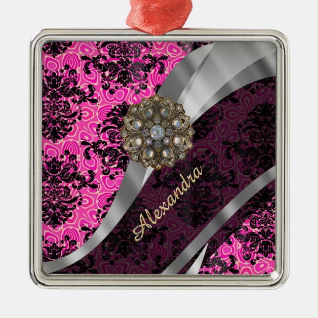 Personalised pretty girly pink damask pattern metal tree decoration (Front)