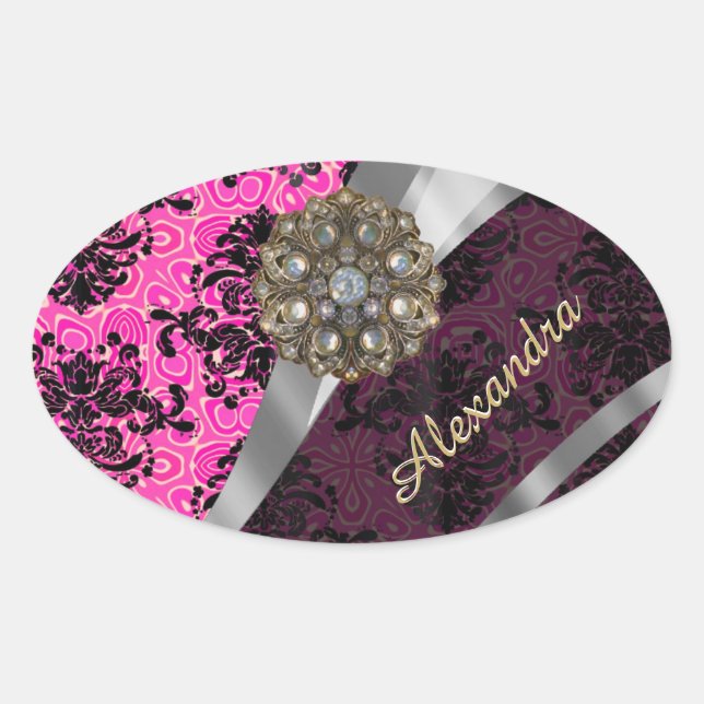 Personalised pretty girly pink damask pattern oval sticker (Front)