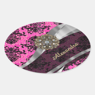 Personalised pretty girly pink damask pattern oval sticker