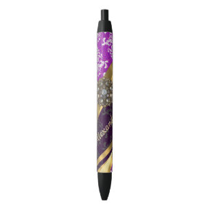 Personalised pretty girly purple damask pattern black ink pen