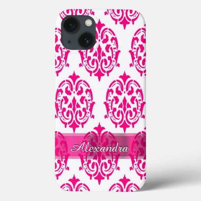 Personalised pretty hot pink and white damask Case-Mate iPhone case (Back)