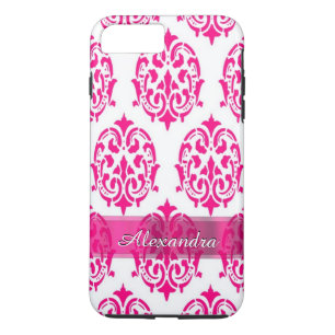 Personalised pretty hot pink and white damask Case-Mate iPhone case