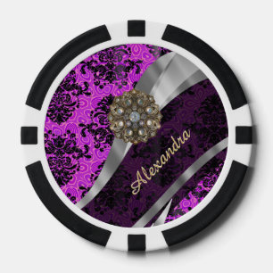 Personalised pretty magenta girly damask pattern poker chips