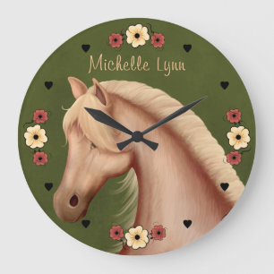 Personalised Pretty Palomino Pony n Flowers Horse Large Clock