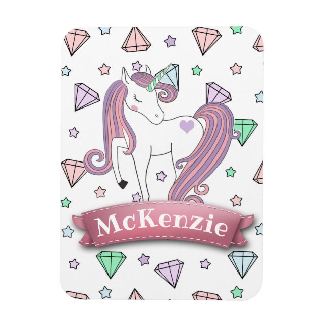 Personalised Pretty Pastel Unicorn | Diamond Gems Magnet (Vertical)