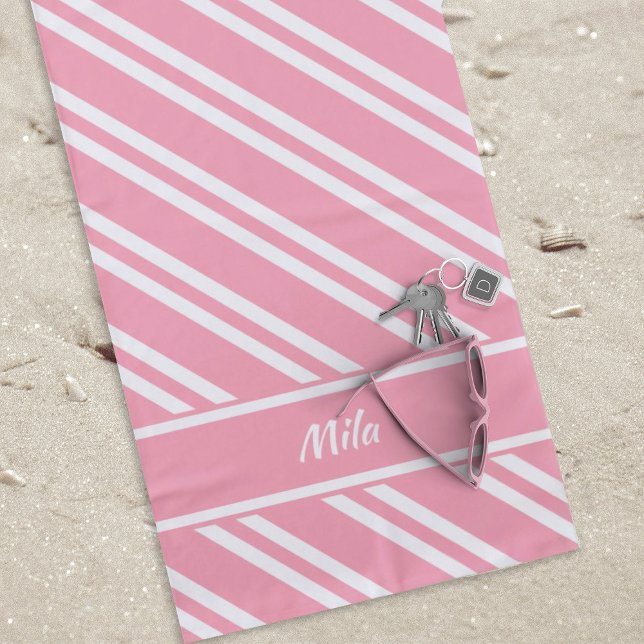 Personalised Pretty Pink and White Stripes Beach Towel (Pink and White Striped Customizable Beach Towel)