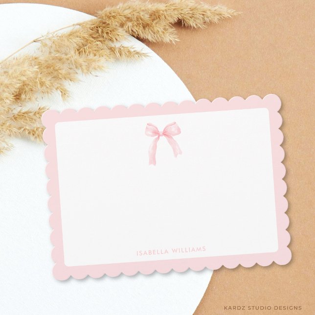 Personalised Pretty Pink Bow Note Card (Card is shown in 5 x 7 inches with a scalloped frame, add your name, and choose corner style.)