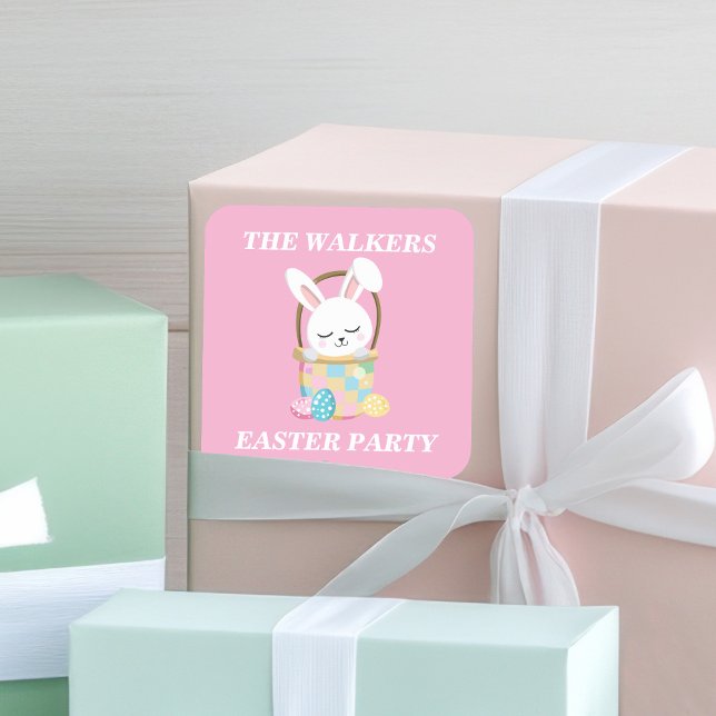 Personalised Pretty Pink Easter Bunny Party Square Sticker (Creator Uploaded)