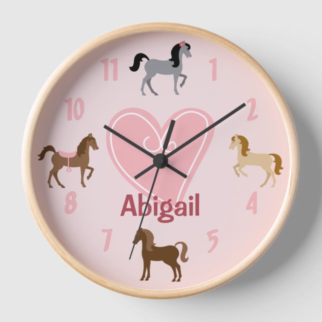Personalised Pretty Ponies and Pink Heart Horse Clock (Front)