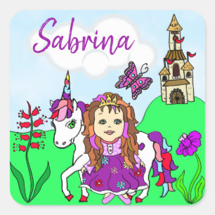 Personalised Pretty Princess and Unicorn Castle Square Sticker