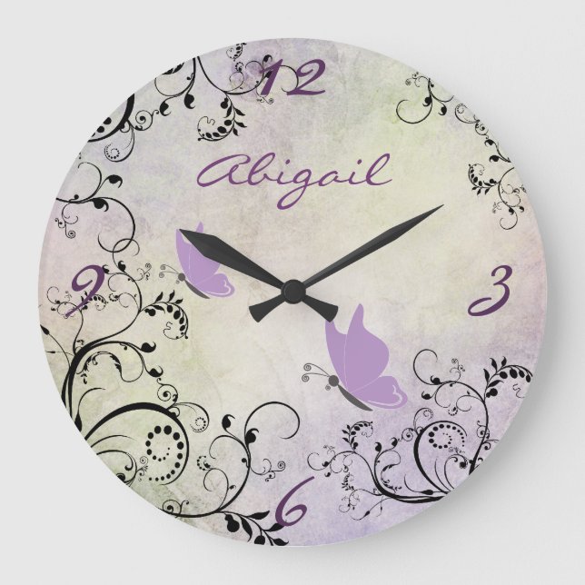 Personalised Pretty Purple Butterfly and Vines Large Clock (Front)