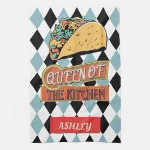 Personalised pretty vintage Taco Geometric Blue Tea Towel