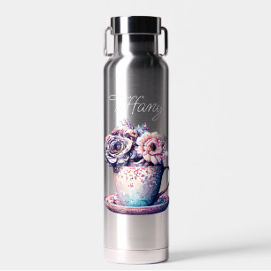 Personalised Pretty Vintage Tea Cup of Flowers Water Bottle