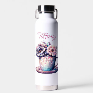 Personalised Pretty Vintage Tea Cup of Flowers Water Bottle
