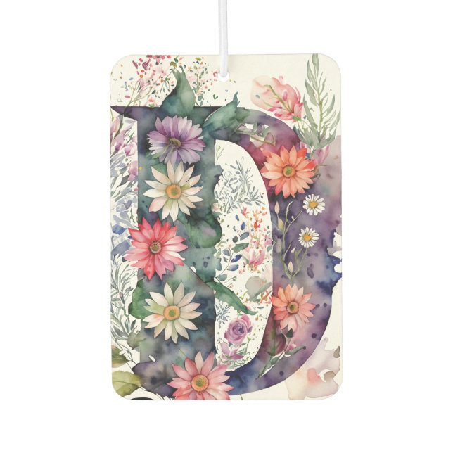 Personalised Pretty Watercolor Flowers Monogram Car Air Freshener (Front)