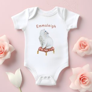 Personalised Pretty White Cat Sitting on Pillow Baby Bodysuit